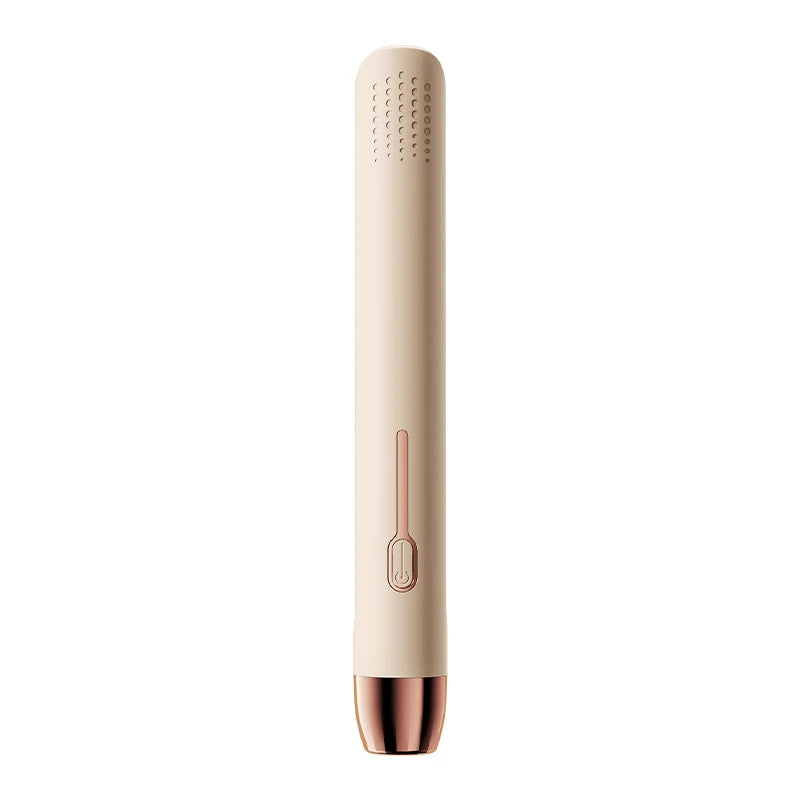 A beige ceramic hair straightener and curler with a rounded body and a metallic tip.