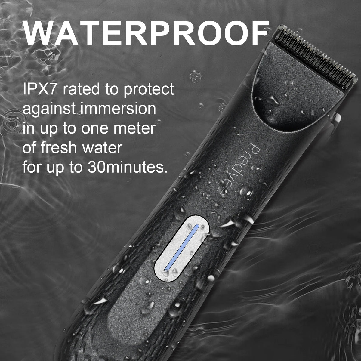 A close-up of a waterproof grooming trimmer with water droplets on its surface.