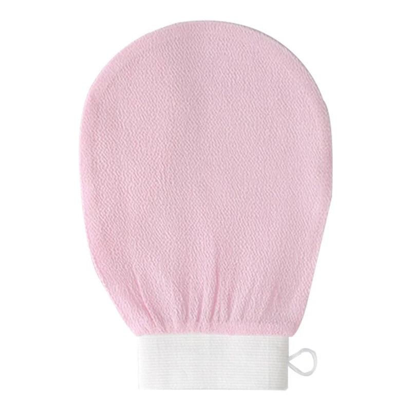 A pink exfoliating body scrubbing glove with a white cuff.