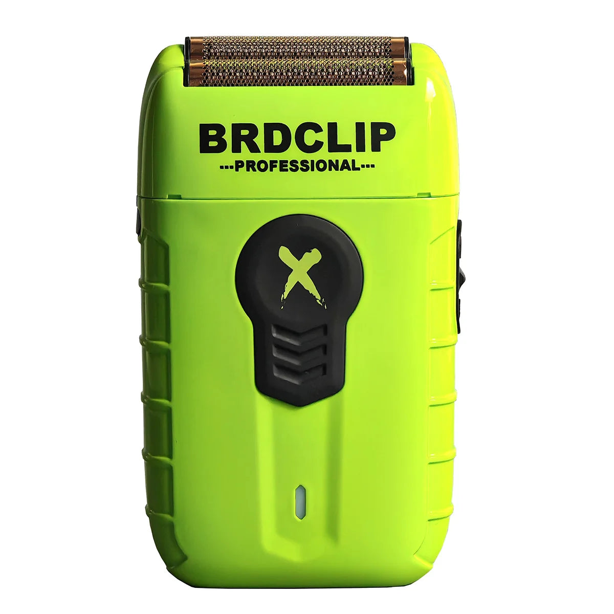 A lime green electric shaver trimmer with a gold-colored foil attachment and a black logo.