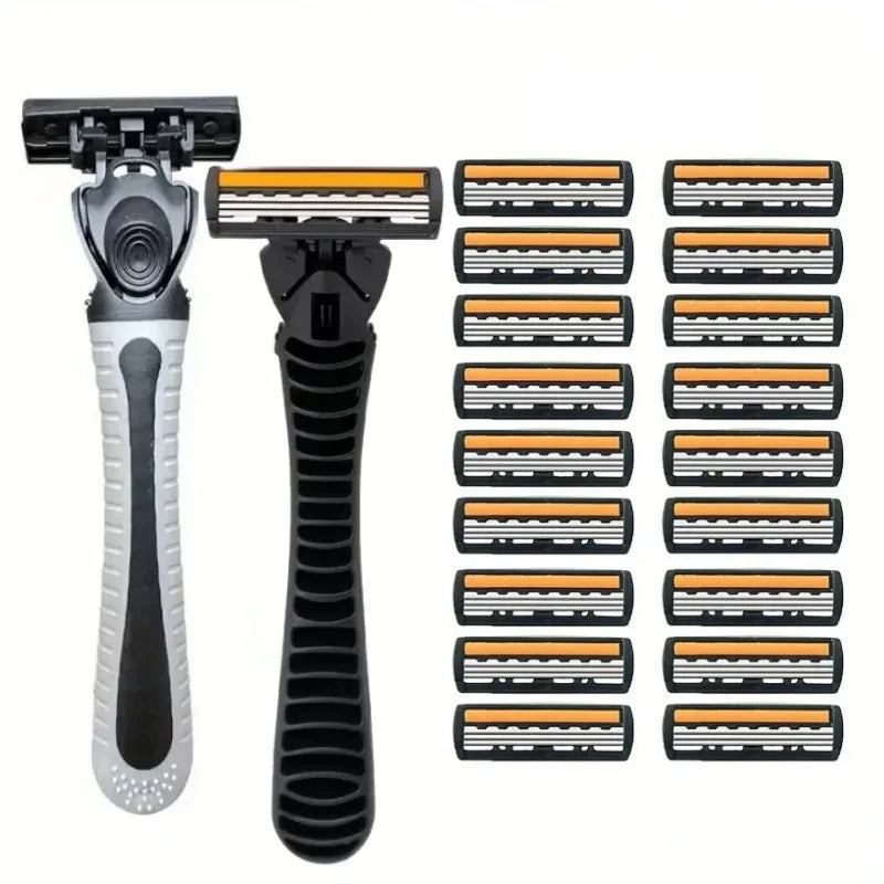 A set of three manual razors with black and silver handles and orange blades displayed side by side.