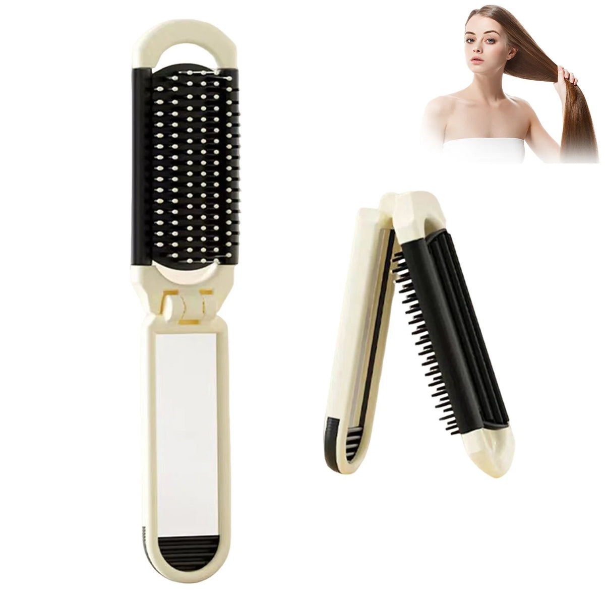 A folding pocket hair comb with a mirror and scalp massage cushion shown next to a woman using the comb.