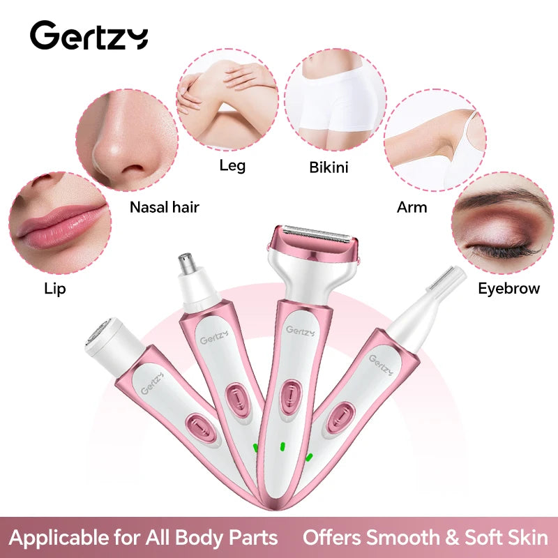 A pink 4-in-1 electric shaver for body parts including a facial shaver, beard trimmer, and eyebrow groomer.