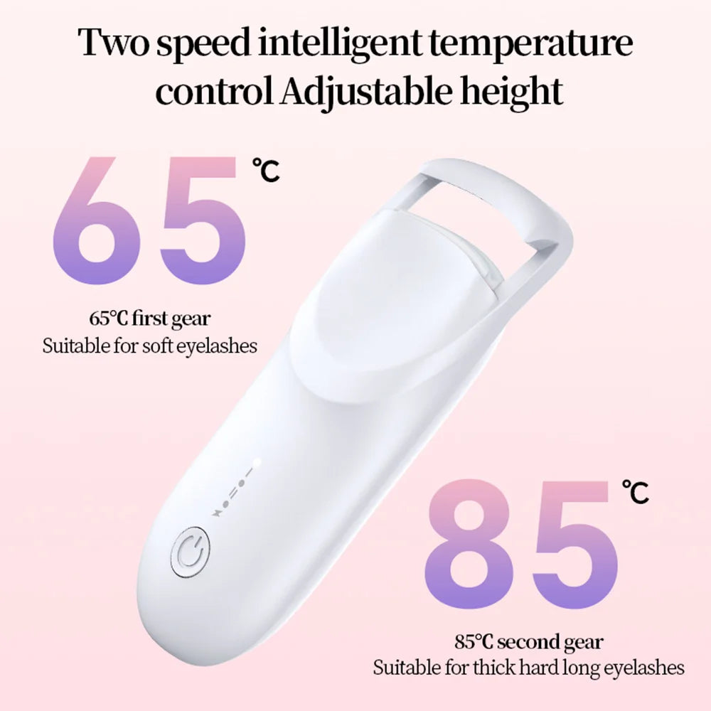 A white heated eyelash curler device shown with text indicating 65°C and 85°C settings for different lash types.