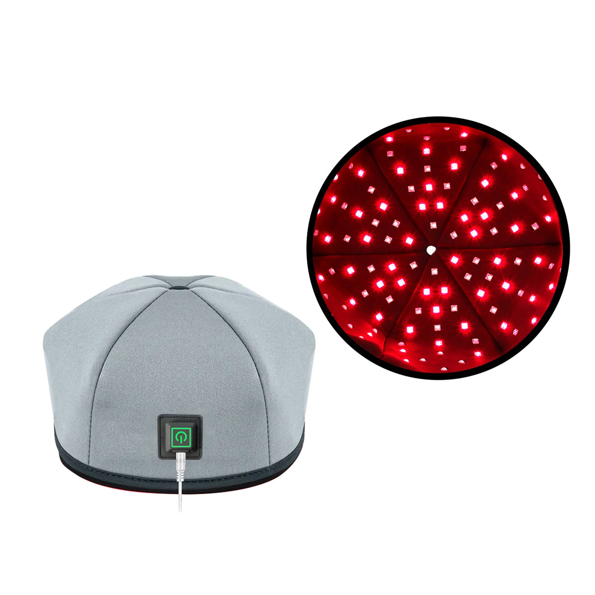 A close-up view of a red light and near infrared hair growth cap with a dark gray fabric cover.