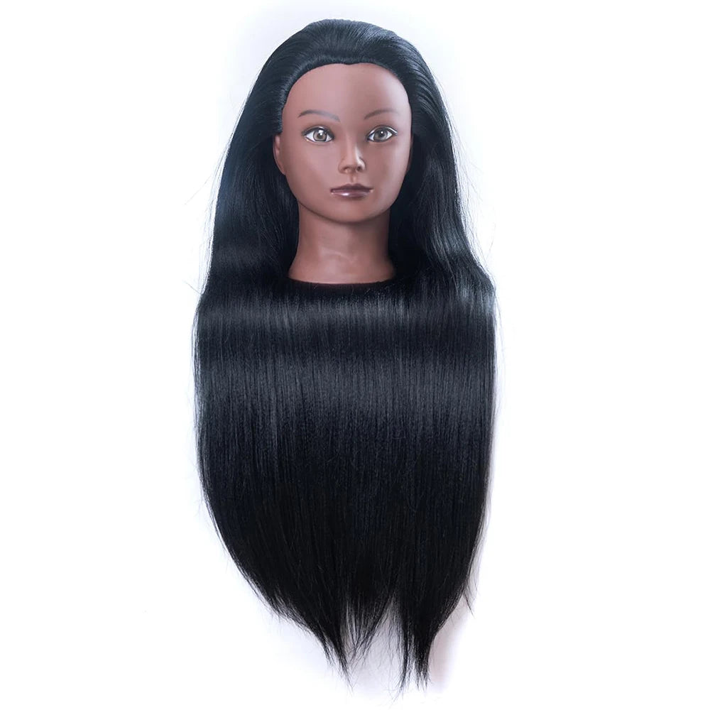A professional cosmetology mannequin head with long, straight black hair.