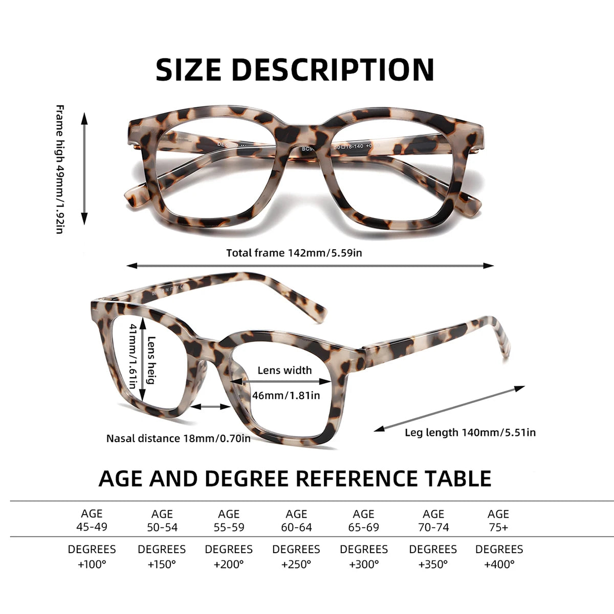 A pair of tortoiseshell leopard print square reading glasses shown with a size description and reference table.