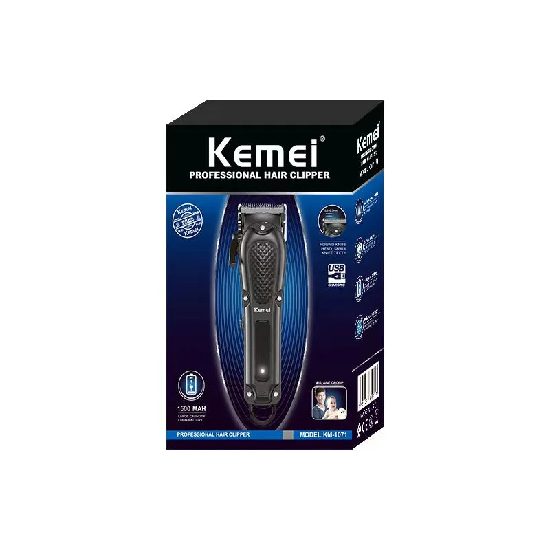 A box for a Kemei professional hair clipper trimmer with a black and purple design.