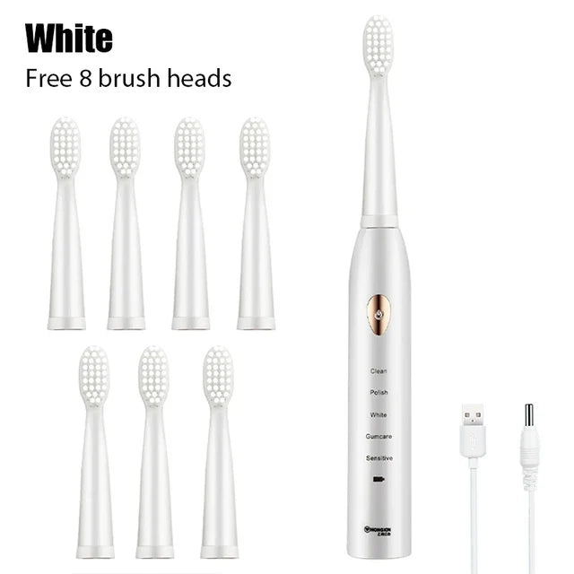 White ultrasonic electric toothbrush with 8 brush heads and charging cable