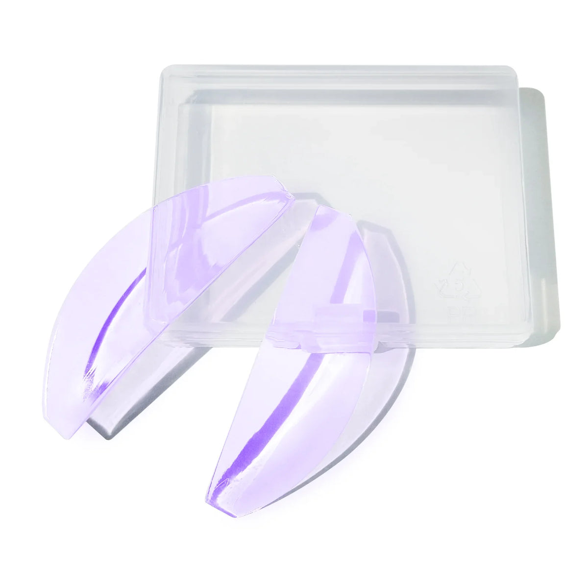 Clear silicone lash lift pads in purple color packaged in a clear plastic tray