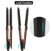 Close-up view of a black ceramic hair straightening iron with a lock function feature.