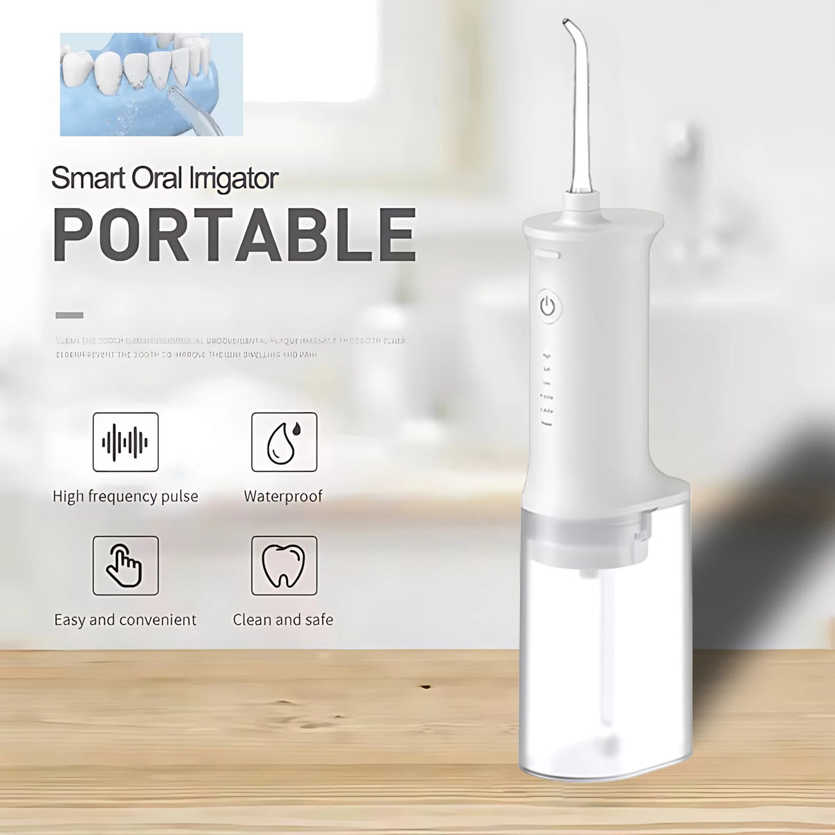 A white portable smart oral irrigator device with a clear water reservoir is shown on a wooden surface.