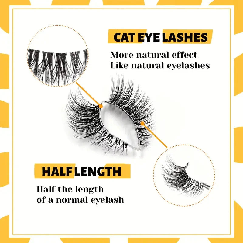Illustration showing cat eye lashes with a natural effect and half the length of a normal eyelash.
