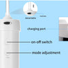 A white portable water flosser device showing features like a detachable head, charging port, on-off switch, and mode adjustm