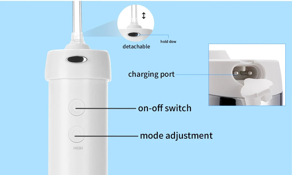 A white portable water flosser device showing features like a detachable head, charging port, on-off switch, and mode adjustm