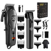 A black electric hair clipper set showing various attachments and the main body of the HIENA PRO grooming tool.