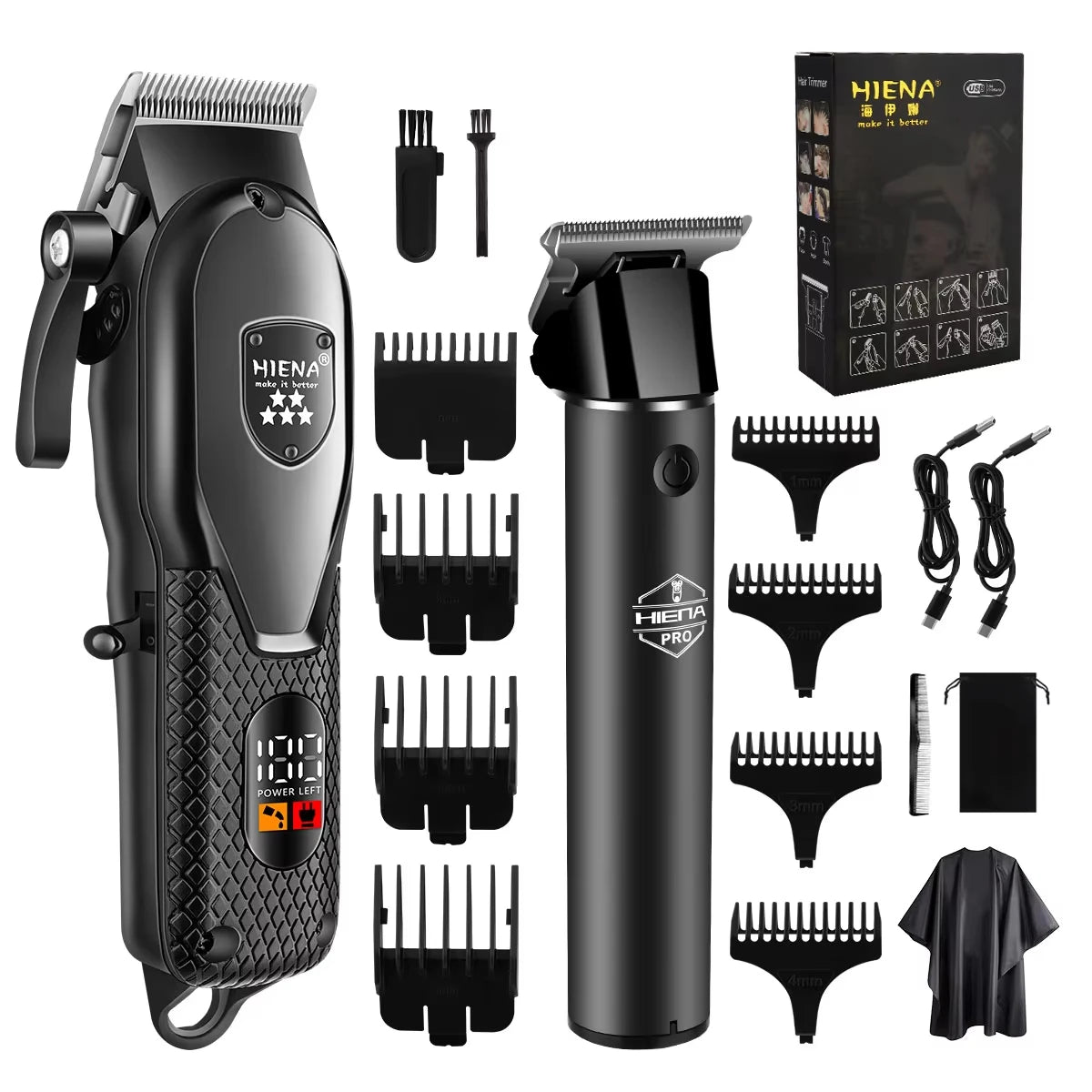A black electric hair clipper set showing various attachments and the main body of the HIENA PRO grooming tool.