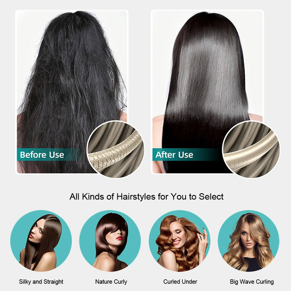 Image showing before and after results of a ceramic hair straightener and curler on dark hair, with various hairstyle options