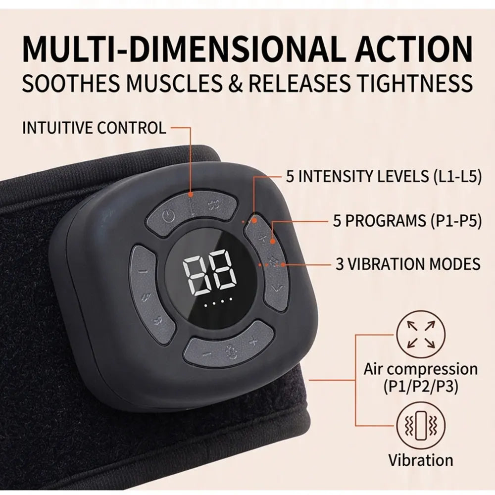 A black multi-dimensional action massager device is shown resting on a black fabric, highlighting its controls and features.