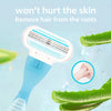 A close-up of a white multi-blade safety razor for hair removal with green aloe vera leaves in the background.