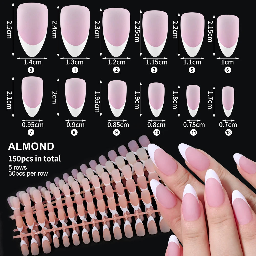A display of almond-shaped matte pink artificial fingernails in various lengths and shades.