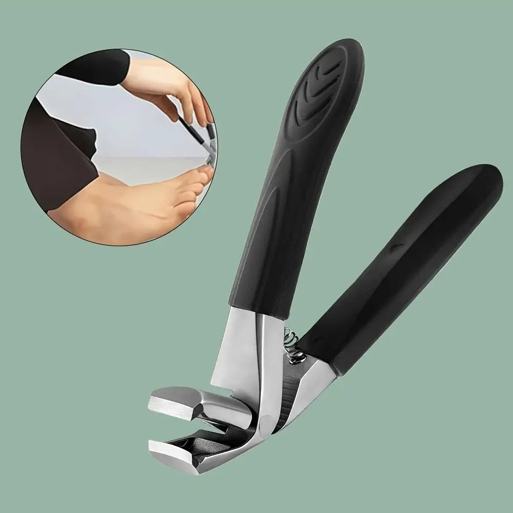 A professional stainless steel nail clippers set with black handles and a close-up of a hand using the tool.