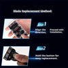 Diagram showing the blade replacement method for a razor, involving aligning and holding a button for installation.