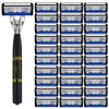 A black handle and stainless steel multi-blade safety razor with multiple shaving heads visible.