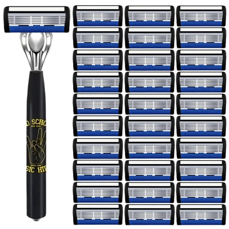 A black handle and stainless steel multi-blade safety razor with multiple shaving heads visible.