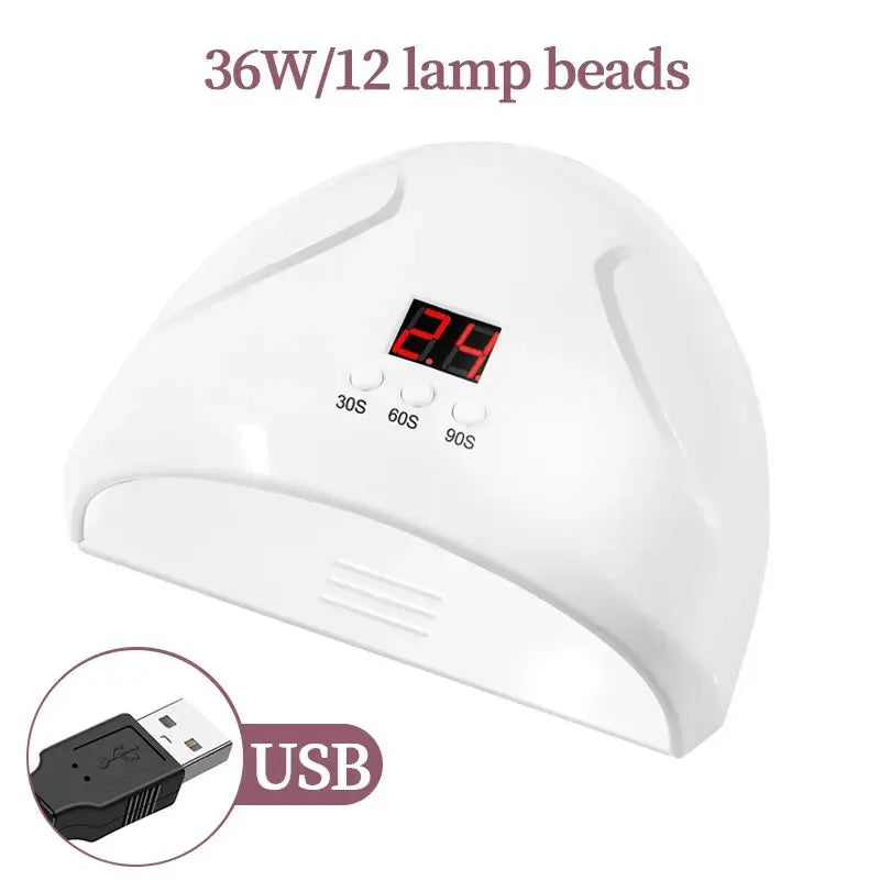 A white professional UV/LED nail curing lamp with a digital display and USB charging port.