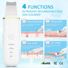 A white ultrasonic rechargeable face skin scrubber device showing four functions: cleaning, lifting, ion+, and ion-mode.