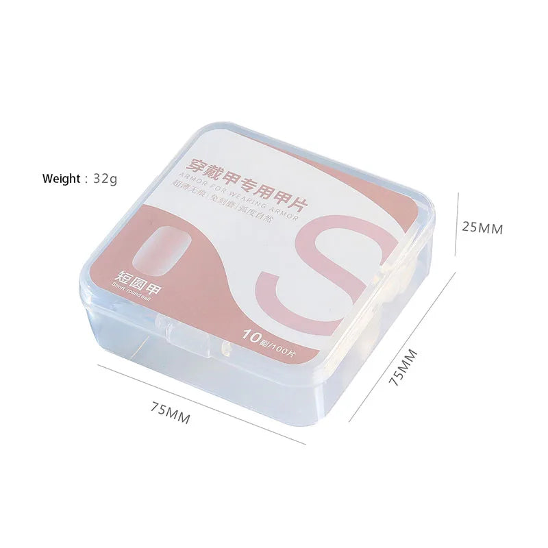 A clear plastic container holding a set of 100 matte finish false gel nail tips.