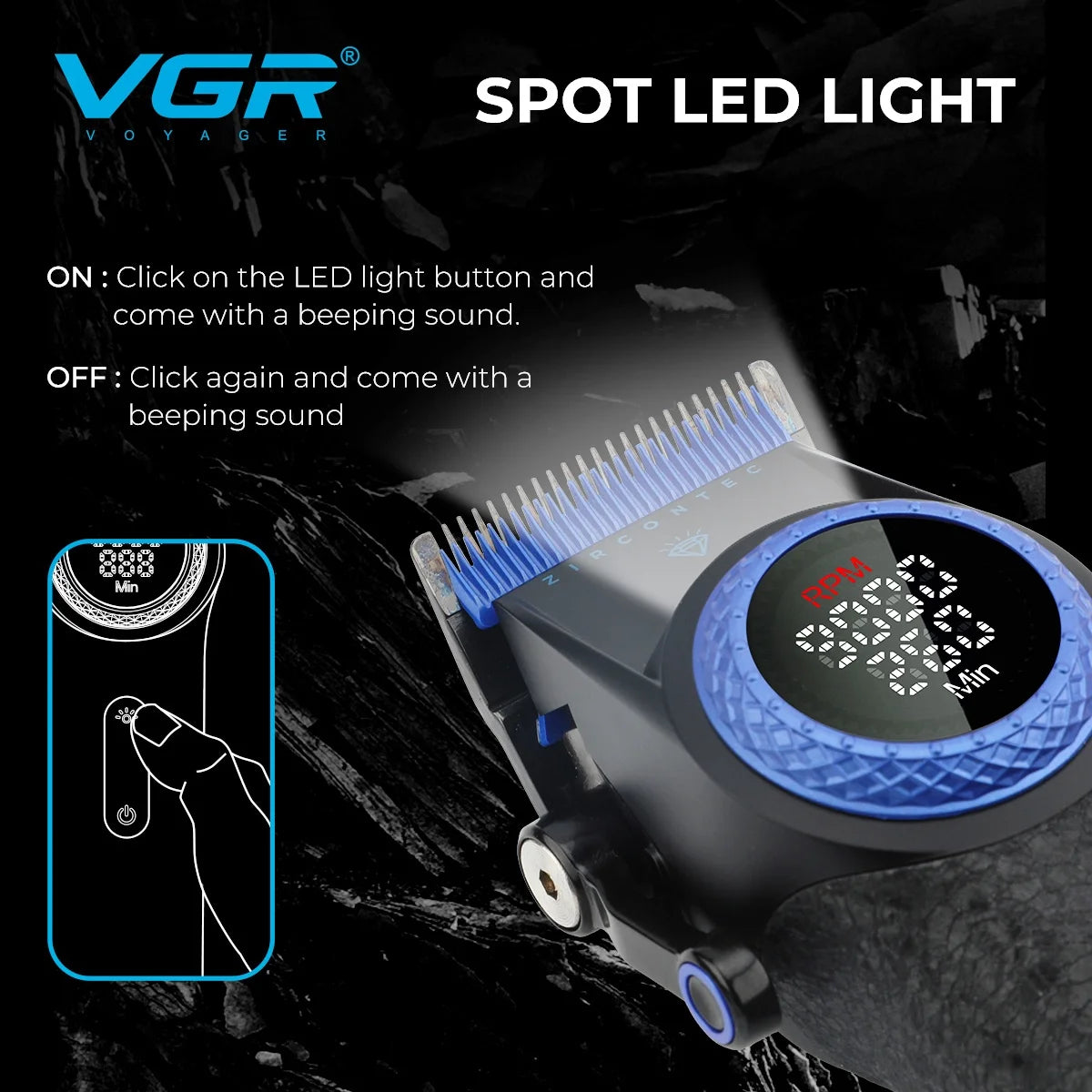 A close-up of a VGR Spot LED Light device used for turning on and off a light source.