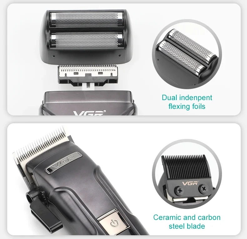 A set of professional electric hair and beard trimmers featuring dual independent flexing foils and a ceramic and carbon stee