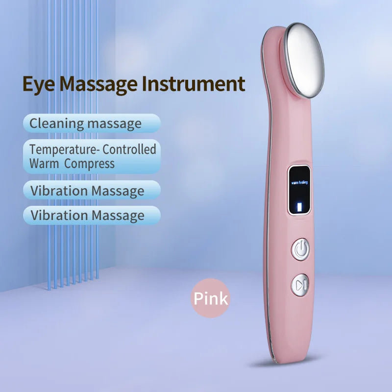 A pink eye massage instrument wand with a silver head and controls, shown against a light blue background.
