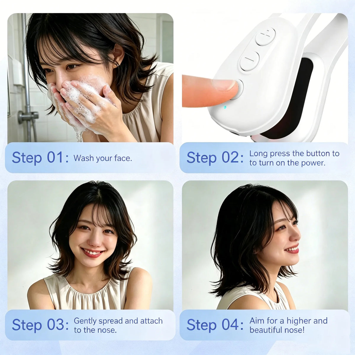 A four-step guide showing how to use an electric silicone nose shaper and lifter device on a woman's face.