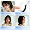 A four-step guide showing how to use an electric silicone nose shaper and lifter device on the face.