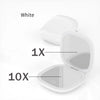 A white compact LED makeup mirror showing 1X and 10X magnification settings.