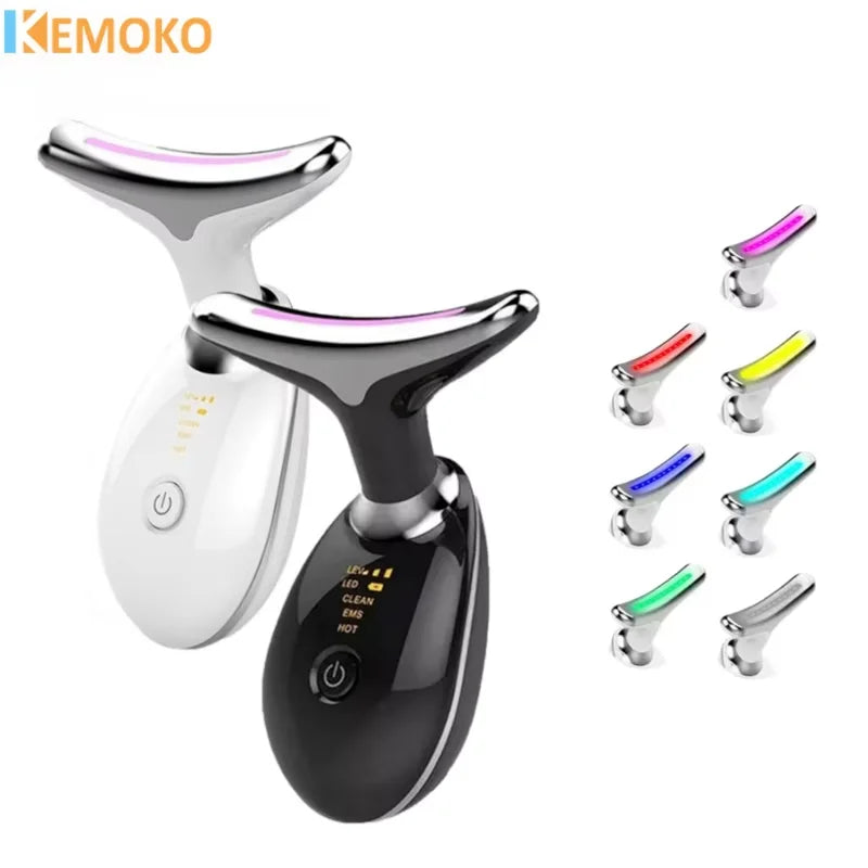 A black and white multi-mode LED facial and neck lifting massager with various colored light heads.