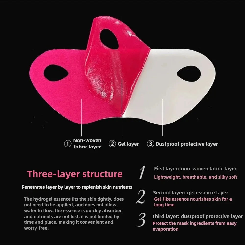 A pink and white three-layer mask set for face lifting and slimming, showing the non-woven fabric, gel layer, and dustproof p