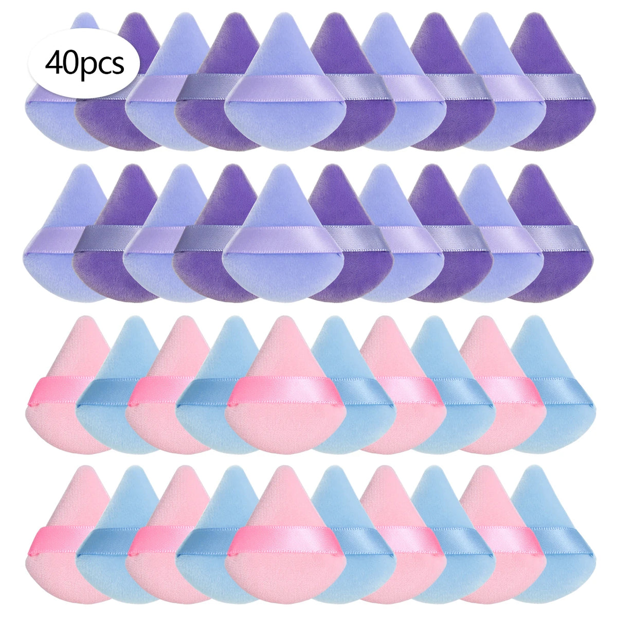Un ensemble de puffs en poudre triangulaires dans diverses nuances de violet et de bleu rose