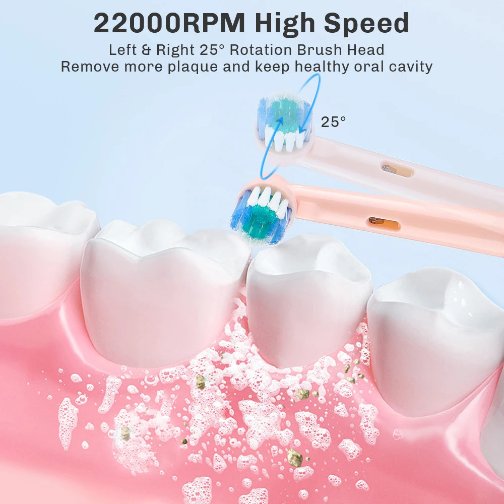 A pink electric toothbrush with a blue rotating brush head is shown cleaning teeth on a pink dental model.