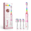 A pink kids electric toothbrush with a smart timer and LED light is shown standing upright.