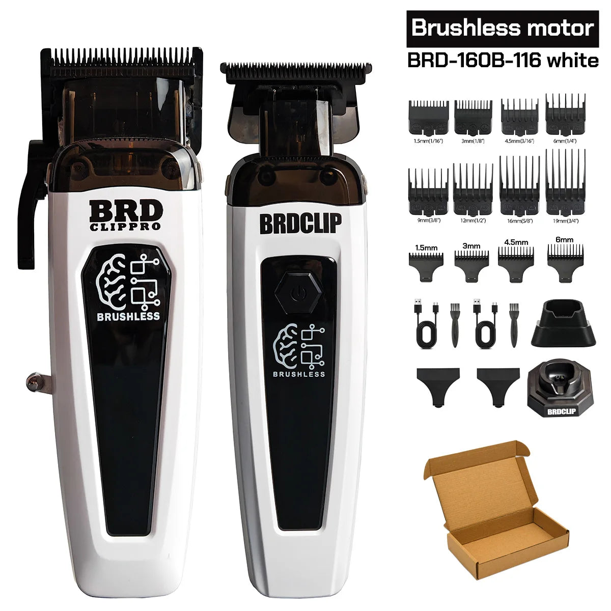 White BRDCLIP brushless rotary hair trimmer kit with attachments and storage box
