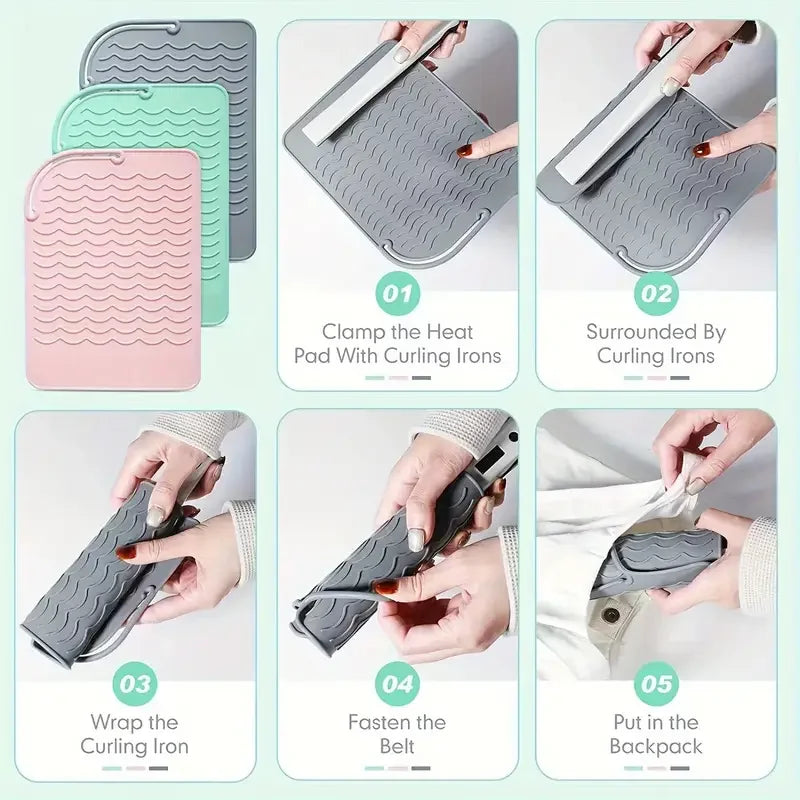 A silicone heat resistant mat shown in various stages of use, including clamping with curling irons and wrapping around a cur