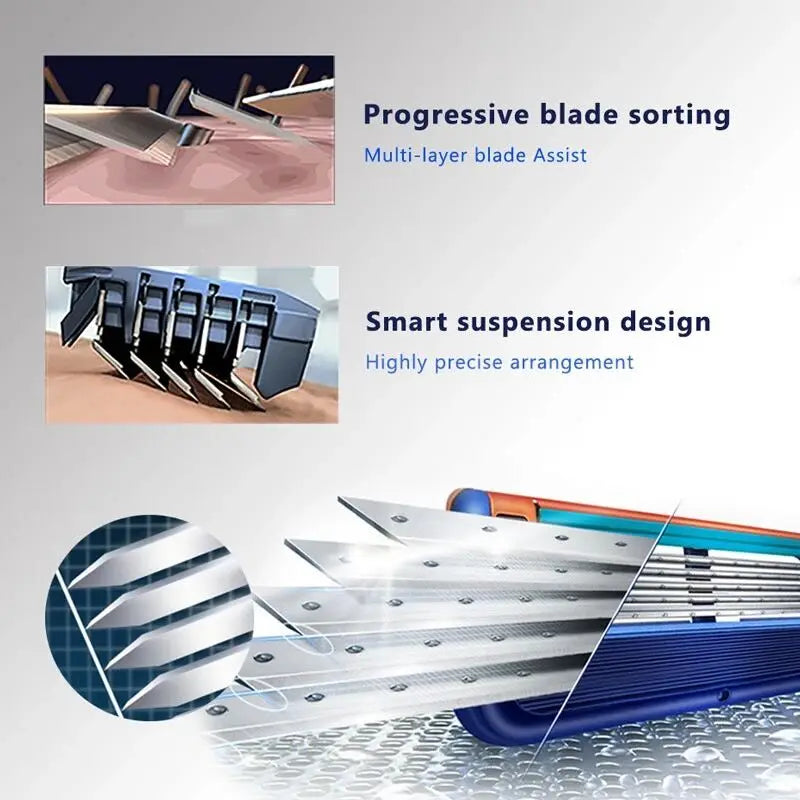 Close-up view of a multi-layer blade shaver with progressive blade sorting and smart suspension design.