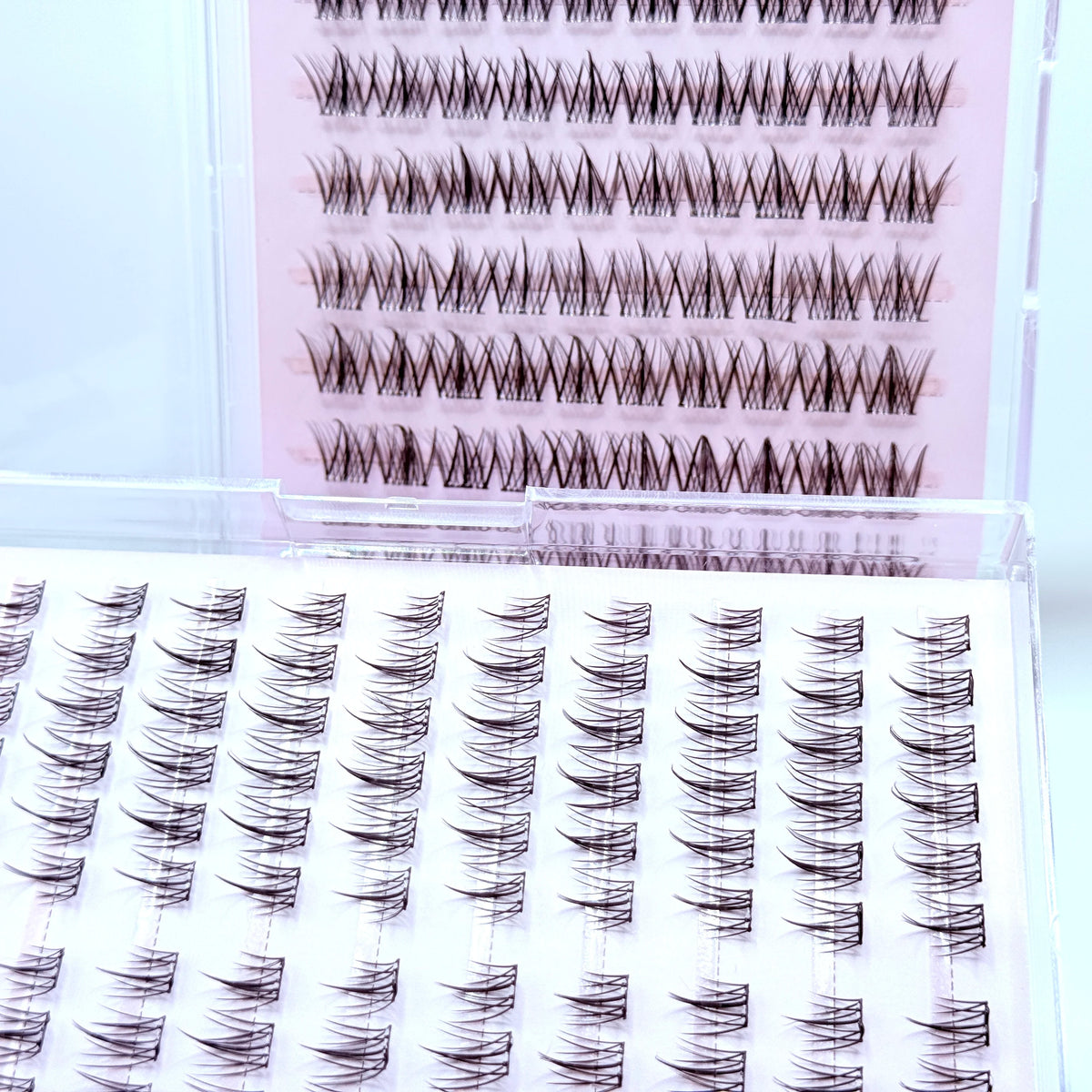 A close-up view of adhesive-free individual lash clusters in various shades of black and brown.