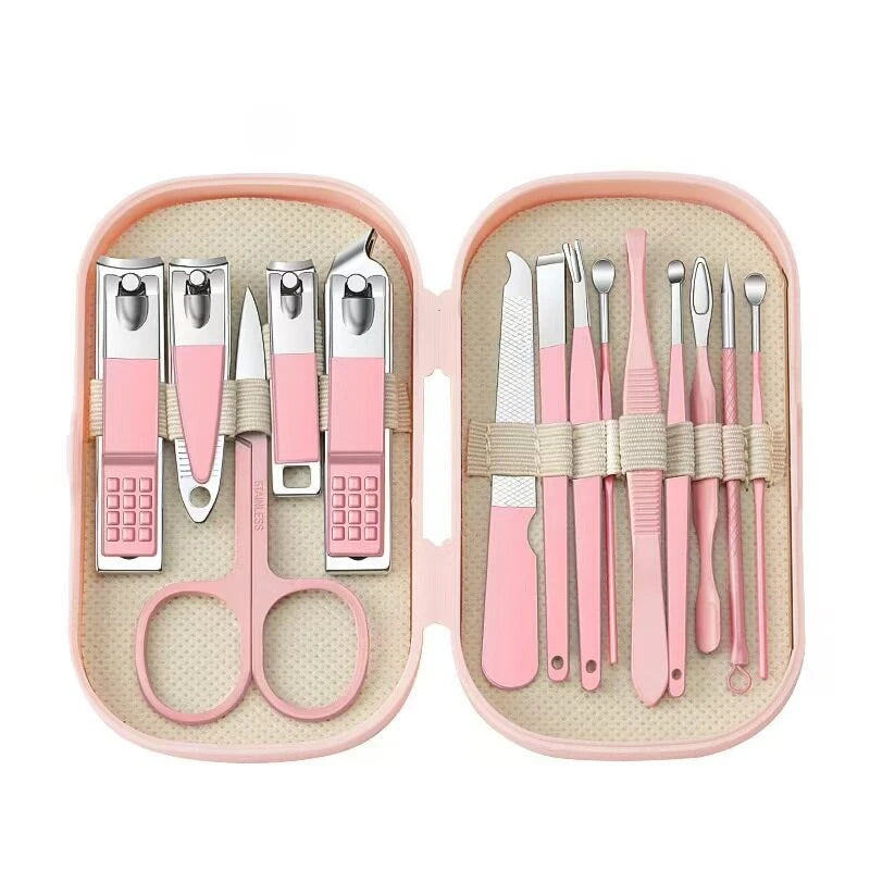 A pink storage case holds a stainless steel nail clipper set with various tools like scissors and tweezers.
