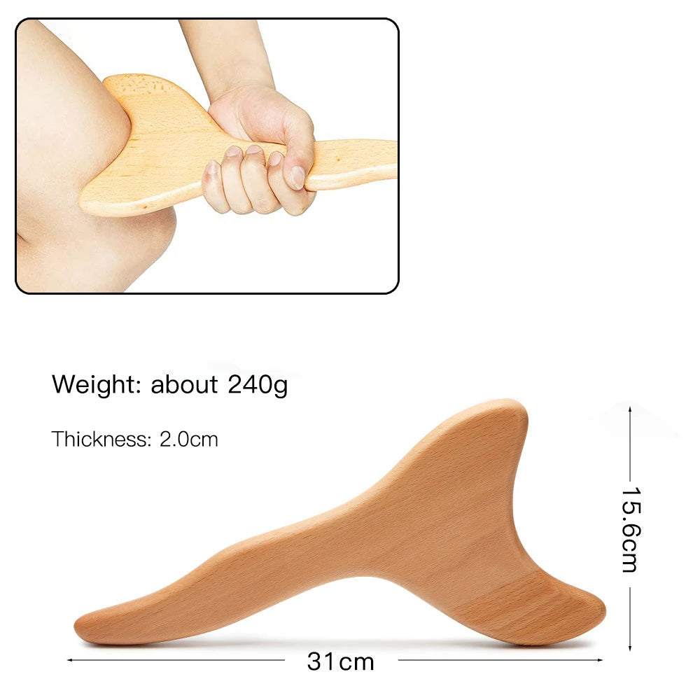 A light brown natural wood Gua Sha roller with a curved shape shown next to its dimensions.