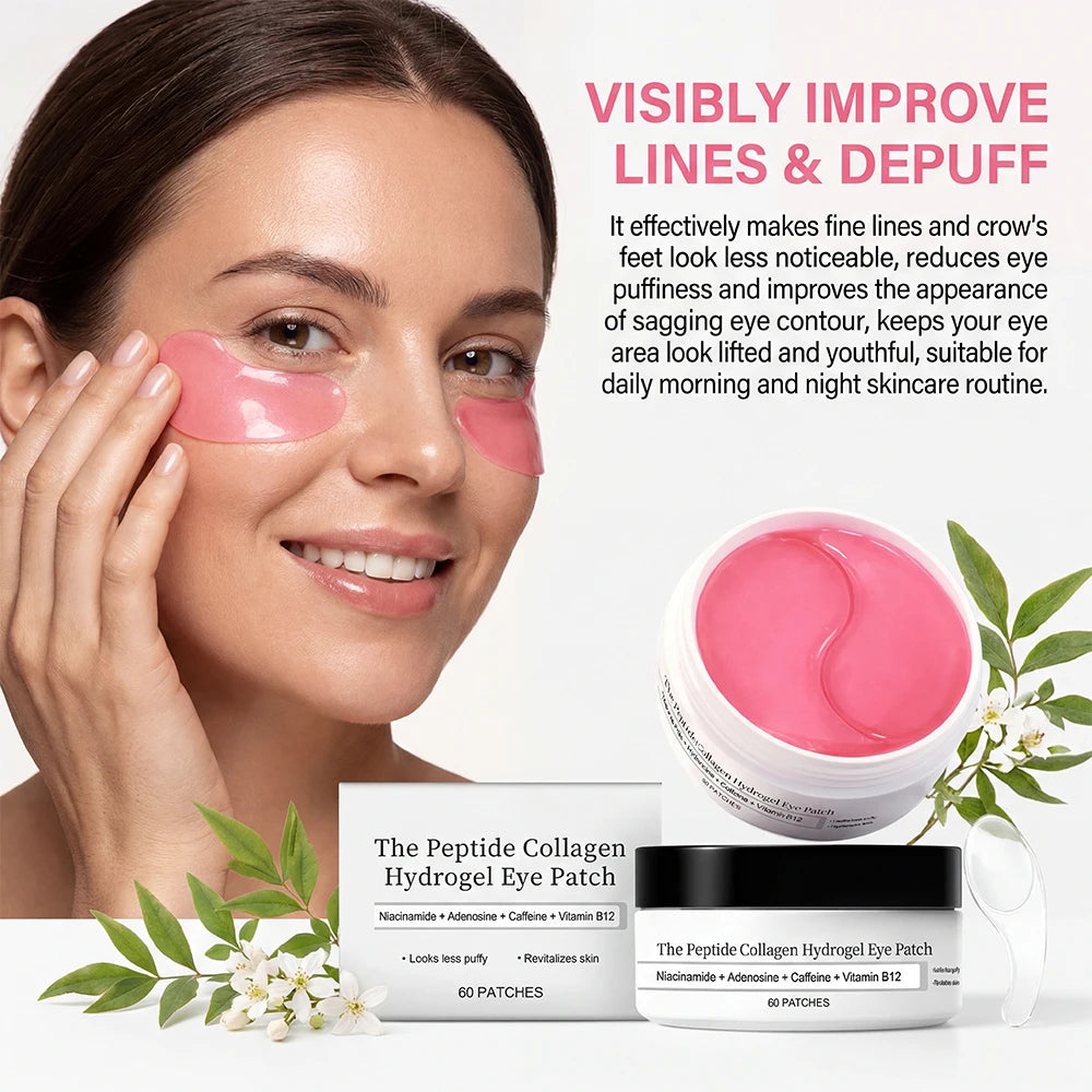 A woman applies The Peptide Collagen Hydrogel Eye Patch to her eye area for under-eye care.